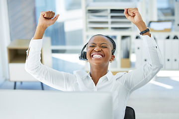 Image showing Success, call center or sales consultant black woman for happy telemarketing, winner or b2b company motivation in office. IT support, contract or CRM communication for WOW, goal achievement or target