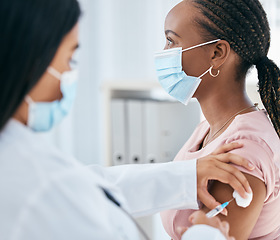 Image showing Covid vaccine, injection and medicine safety, needle, syringe and shot service from doctor in hospital, clinic and surgery. Patient getting medical treatment, healthcare worker and flu immunity risk