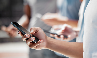 Image showing Hands of group in line on smartphone, social media or internet surfing or browsing online. Tech, side view and friends or people on devices, phones or cellphones networking, chat or sharing data.