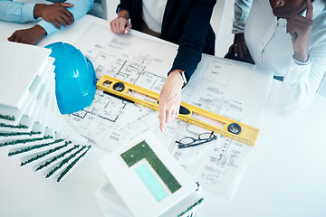 Image showing Floor plan architecture and engineering meeting planning a creative office building or apartment building construction. Leadership, teamwork and designers hands working on a group development project