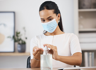 Image showing Bacteria, covid and woman cleaning hands for medical and healthcare compliance in an office at work. Mexico, coronavirus and worker in face mask washing fingers with hand sanitizer to stop spread