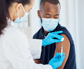 Image showing Covid vaccine, face mask and doctor with patient injection in a hospital or clinic for healthcare safety, compliance and insurance. Trust, care and expert medical woman with corona virus vaccination