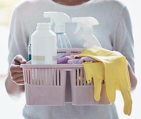 Image showing Cleaning service, product basket and cleaner hands for career working in home, house or office with product bottle and gloves. Housekeeper liquid, detergent and plastic spray for spring cleaning job