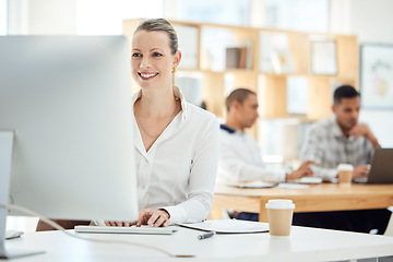 Image showing Startup, smile or business woman with laptop for design research, creative idea or social media web design. Happy, employee or ecommerce for website planning, data analysis or marketing KPI