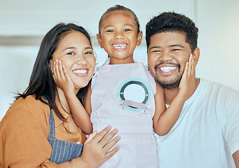 Image showing Family, baking and girl hug of a mother, father and child ready for cooking in a home kitchen. Portrait of a mom, dad and kid together with love looking forward to food learning activity at a house