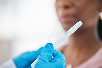 Image showing Hands, woman and healthcare covid test for research innovation or health safety. Clinic medical worker, young black person and professional hospital doctor consulting patient with laboratory test