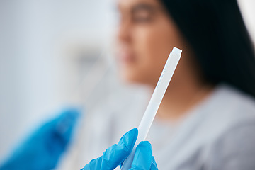 Image showing Healthcare, hand or PCR doctor with covid test, corona virus or swap sample for medical compliance in hospital. Zoom, hands or nurse for medicine, insurance or covid 19 pandemic research science