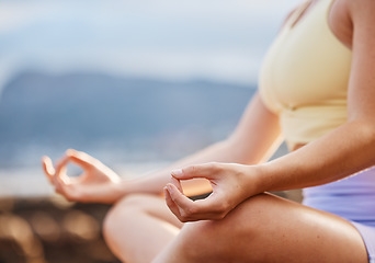 Image showing Hands, meditation and yoga with a woman outdoor for mental health in calm or serene environment. Fitness, exercise and meditate with a female yogi training for wellness, balance or spiritual zen