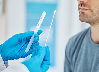 Image showing Pcr, covid and nurse doing test on patient in clinic or hospital consulting room. Healthcare, pandemic and medical worker holding pcr test equipment, cotton bud and test tube for covid 19 virus