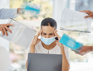 Image showing Business woman, laptop and overwhelmed with workload, headache or burnout working at the office. Female employee trying to focus under pressure for deadline while overloaded with work at workplace