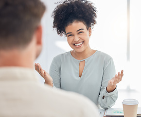 Image showing Coffee shop business people meeting for collaboration, client negotiation and project mission with black woman planning her strategy for our vision goal. Interview, startup and b2b team brainstorming