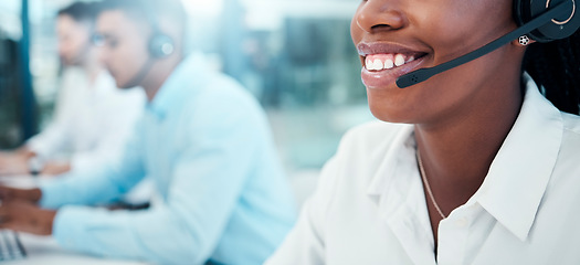 Image showing Call center, telemarketing and closeup of a woman mouth with a headset doing an online consultation. Customer support, contact us and consultant with a crm strategy in customer service in the office.
