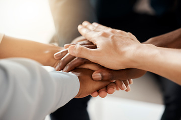 Image showing Hands, team building and meeting for a mission, goals and sales growth targets with teamwork or collaboration. Diversity, support and business people planning a community development group project