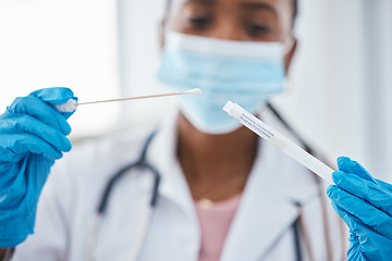 Image showing Health, doctor and covid test, swab and hospital with healthcare professional in mask, safety and protection in medicine. Covid 19, pandemic and dna sample, science and medical examination.