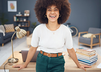 Image showing Black woman, afro or business motivation in home office and digital marketing laptop, research books or strategy learning information. Portrait, smile or happy remote work creative designer and goals