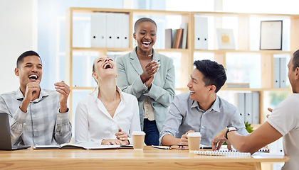 Image showing Business people, diversity and laughing in meeting at the office for funny team development at the workplace. Group of employee workers joke, laugh and share in collaboration, strategy or fun time