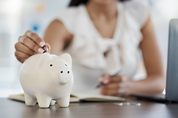 Image showing Business woman, hands or piggy bank for accounting, savings or investment for company budget, startup finance or capital money. Zoom, financial worker or deposit container for cash or coins in office