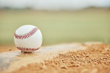 Image showing Baseball closeup, field and sports training outdoors for fitness, sport health and competition game. Athletic exercise equipment, softball motivation and match or baseball field bokeh background