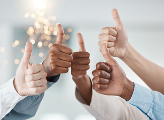 Image showing Thumbs up, success hands and teamwork collaboration of office diversity team feeling job community. Thank you, winner and yes hand sign of people and staff together showing happy and goal gesture