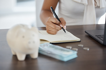 Image showing Money, piggy bank and budget hands planning finance, writing in notebook for savings account or online laptop banking. Cash, coins and silver business woman financial accounting, investment or salary