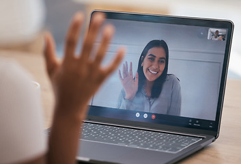 Image showing Laptop, wave and women on a video call for a digital business meeting, coaching and online mentorship training. Smile, communication and happy friends networking, talking and speaking on the internet