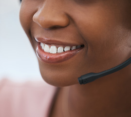 Image showing Face, mouth and smiling customer service operator with client advice using a headset. Support, telemarketing and contact us with call center staff happy to help, consult customers in communication