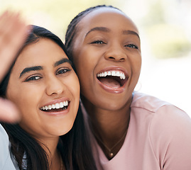 Image showing Selfie, happy and diversity with black woman friends posing for a photograph together with a smile. Portrait, fun and freedom with a carefree female and young friend taking a picture while bonding