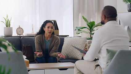 Image showing Man psychologist, communication and woman patient with mental health, healthcare and depression in a office. Psychology expert and patient consulting, conversation and counseling in therapy session