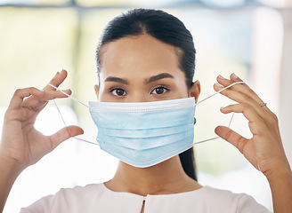 Image showing Covid, safety and healthcare with a woman in a mask during the virus outbreak living a new normal lifestyle. Portrait, vaccine and medical with a young female staying safe during the corona pandemic