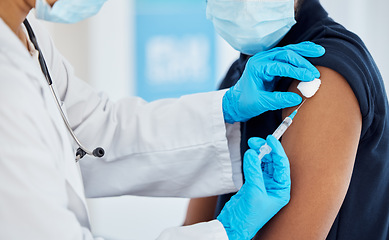 Image showing Covid, vaccine and hands of doctor with man for medical, pharmacy and virus immunization in hospital. Medicine, consulting and help with healthcare worker and patient in clinic for flu and drug