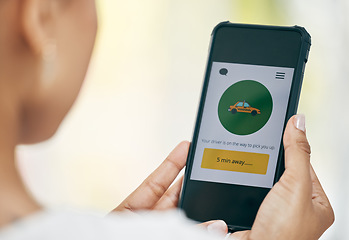 Image showing Phone, transport and app with a woman booking a car or ride for travel on a mobile application. Communication, internet and taxi with a female customer hiring a vehicle service for traveling alone