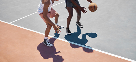 Image showing Sports, fitness and basketball training by men at basketball court for practice, exercise and stamina cardio. Sport, basketball player and friends playing competitive game outdoor, energy and workout