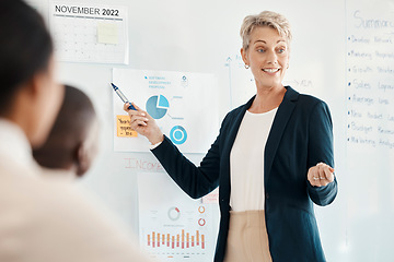 Image showing Training, business woman and leader presentation for finance update, marketing data and seminar for chart, discussion and planning budget. Trainer, female mentor or coach speaking, strategy and sales