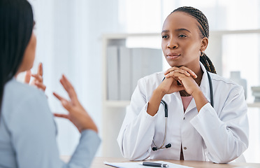 Image showing Doctor, medical and healthcare consultation of a black woman health worker with a patient. Consulting insurance, hospital and cardiology employee busy with medicine consultant help talk in a office
