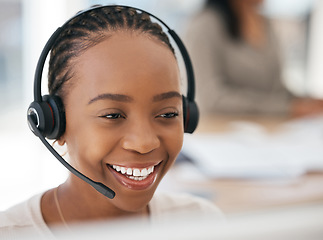 Image showing Call center, customer support and face of black woman working, smiling and on client call in office. Customer service, crm and female agent at work talking, consulting and helping customer online