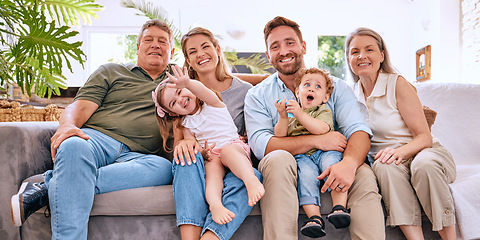 Image showing Happy family with kids, parents and grandparents on sofa with smile in living room. Happiness, family and generations of men, women and children spending time in home together making happy memories.