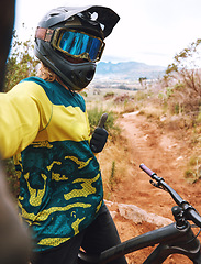 Image showing Selfie, cycling and thumbs up by man on bicycle in nature for sport, training and cardio on dirt road. Fitness, influencer and hand thank you sign by cyclist for online, social media and sports blog