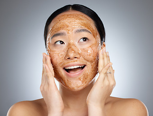 Image showing Skincare, exfoliate and asian woman face mask for healthy, smooth and soft skin and happy with cosmetic result. Beauty model with facial cleaning product with smile and wellness to prevent dry acne