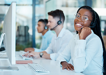 Image showing Call center agent, telemarketing and customer service consultant team wearing headset and happy at crm office. Contact us, sales and customer support with black woman agent for service with smile