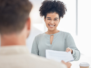 Image showing Recruitment, contract and woman in a job interview with a cv, paperwork or resume document in hr with a big smile. Hiring, meeting and happy person giving human resources manager a deal agreement