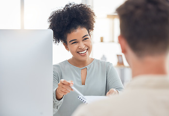 Image showing Interview, contract and recruitment woman in office with job candidate for company onboarding. Hiring, hr and resume meeting with black woman recruiter in workplace with potential employee.
