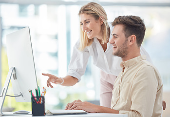 Image showing Training, computer and business people planning in partnership, collaboration and working on a digital marketing strategy. Teamwork, help and marketing workers with advice on work on the internet