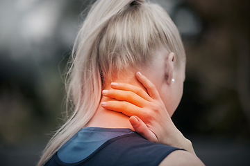 Image showing Fitness, neck pain and woman with injury during exercise, training and morning cardio run in forest. Sport, girl and injury by athlete suffering arthritis, spinal and bone discomfort, muscle and pain