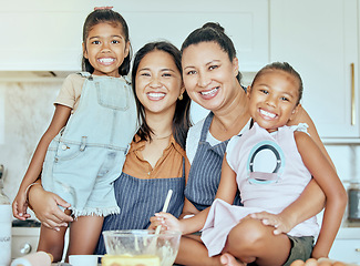 Image showing Grandmother, mama and children cooking fun and child development for bonding, embrace and together in kitchen. Portrait, granny, mother with kids happy, smile and enjoy quality time and bake at home