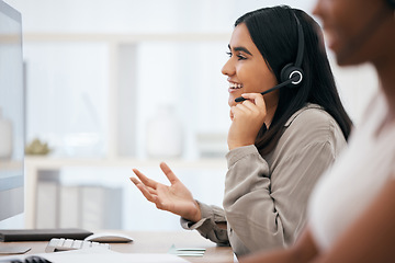 Image showing Call center, customer service and telemarketing with a woman consulting using a headset in her office. Crm, contact us and sales with a female employee at work as a consultant on a call for support