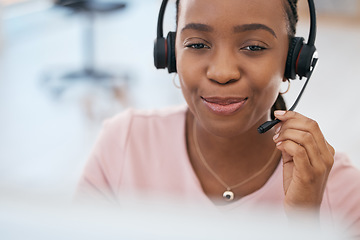 Image showing Black woman, call center and smile for consulting customer service or telemarketing at the office. Happy African American female employee consultant smiling with headset for online desktop support