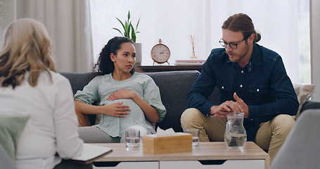 Image showing Pregnant, marriage counseling and therapy with a couple in session with a woman therapist for communication. Psychology, consulting and mental health with a man and woman talking to a professional