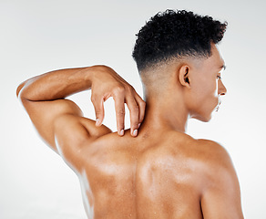 Image showing Skincare, back muscle of man and strong for wellness, being confident with studio background. Rear view, male and fitness for body care, smooth and glow skin in bodybuilding or flex muscular anatomy.