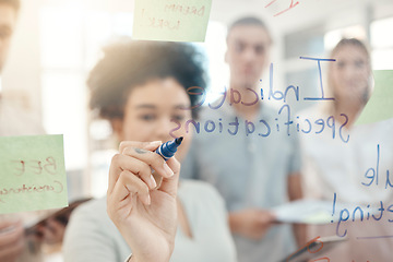 Image showing Idea, meeting and business people with sticky notes on glass wall for planning, strategy and writing notes. Teamwork, collaboration and workers in discussion, brainstorming and thinking in office