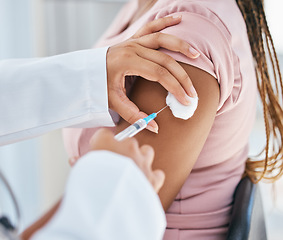 Image showing Needle, covid vaccine or doctors hands zoom with medicine, medical safety or syringe for injection in hospital. Nurse, innovation or woman in lab with health, wellness or corona virus protection cure